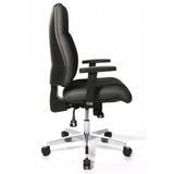 Vista laterale della sedia da ufficio professionale P91 AL.G3 in grigio con braccioli e base lucida su ruote di Topstar
