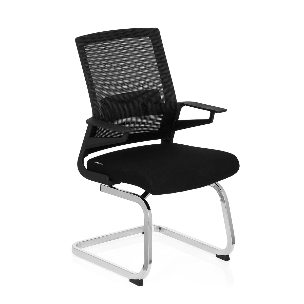 Sedia a sbalzo INVENTOR V nera con schienale in rete, braccioli e base a slitta di hjh OFFICE – vista a 360° (vista frontale a tre quarti 40°)