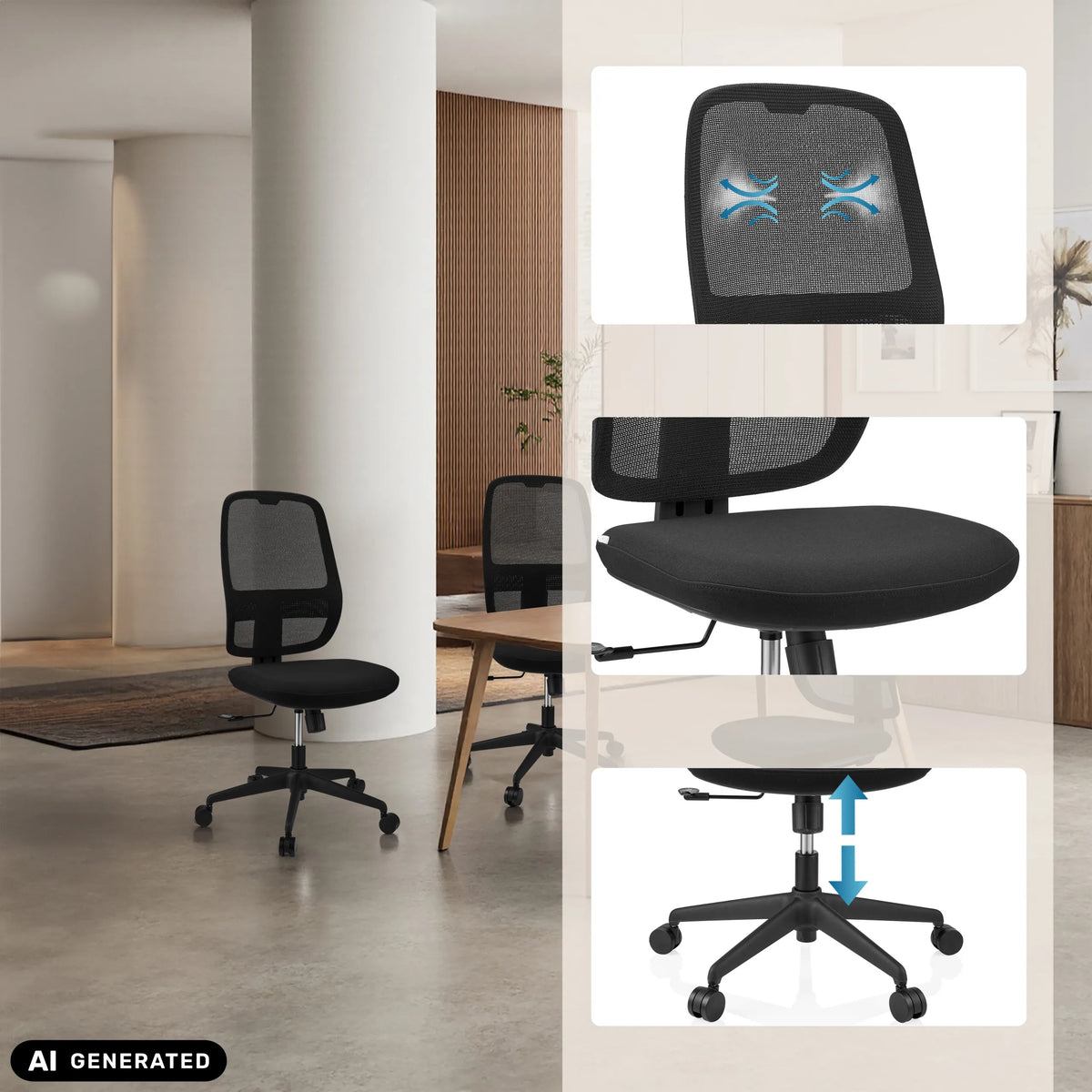 Sedia da ufficio professionale Minoro B in nero con schienale traspirante e pistone a gas di hjh OFFICE (immagine generata dall’IA)
