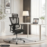 Poltrona di lusso ERGOHUMAN SLIM GEN2 con schienale in rete nera davanti a una scrivania di hjh OFFICE (immagine generata dall’IA)