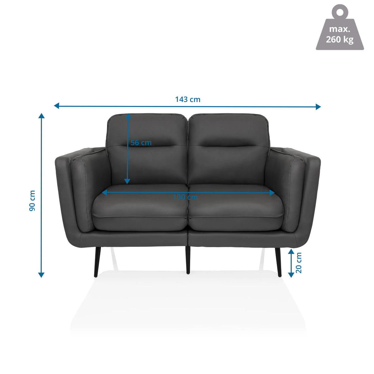 Disegno tecnico del Sofà lounge VINTALUX con una larghezza di 143 cm e un'altezza di 90 cm di hjh LIVING