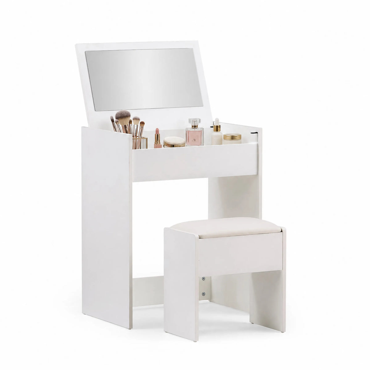 Specchio da trucco Glamdesk bianco con sgabello coordinato e vano portaoggetti integrato per cosmetici di hjh LIVING