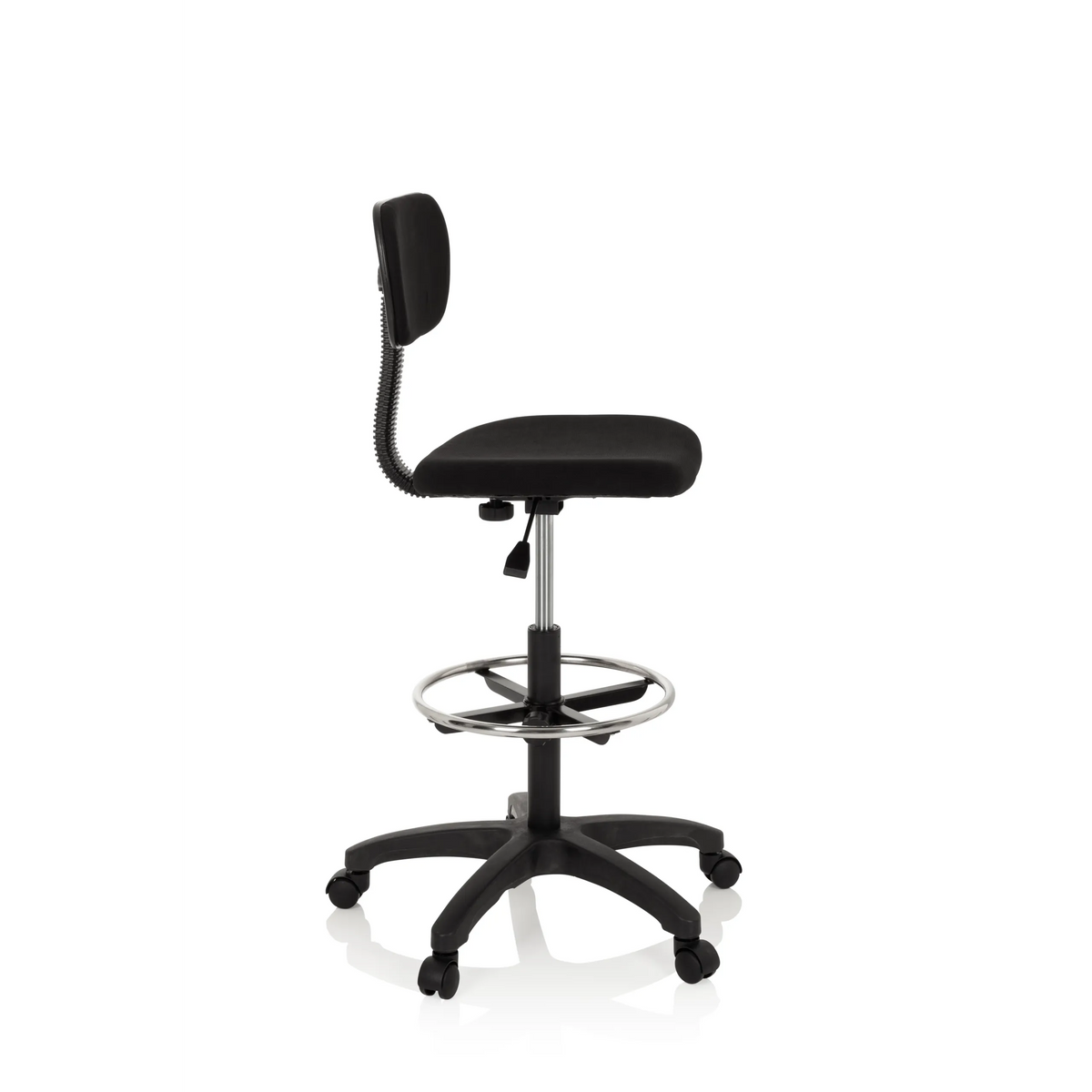 Sedia da banco TOP WORK 05 nera con poggiapiedi e base a cinque ruote di hjh OFFICE – vista a 360° (profilo laterale 80°)