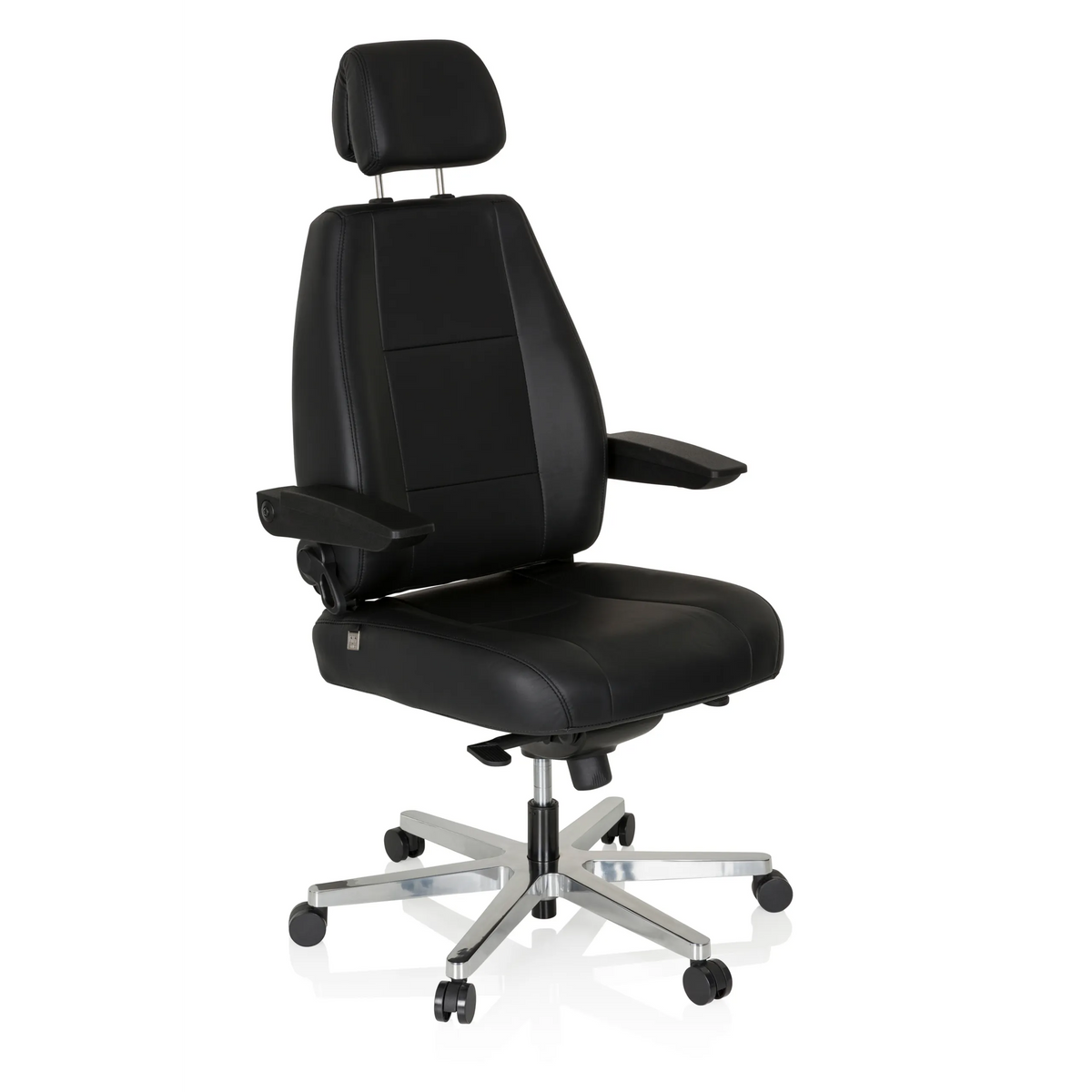 Sedia girevole XXL 24 HOURS nera in pelle con poggiatesta e base a cinque ruote di hjh OFFICE – vista a 360° (vista frontale a tre quarti 40°)