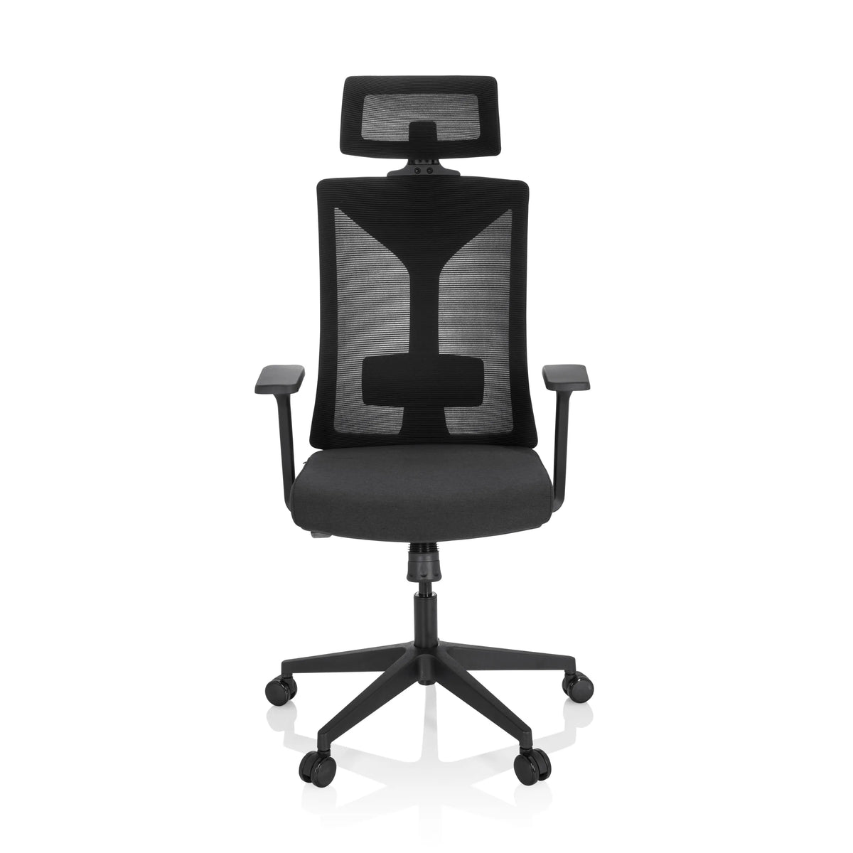 Sedia da ufficio professionale KODIAK nera con schienale in rete, poggiatesta e base a cinque ruote di hjh OFFICE – vista a 360° (vista frontale 0°)