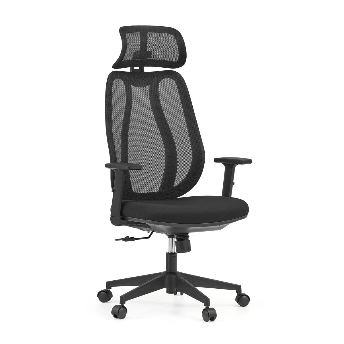 Sedia da ufficio professionale Filaro nera con schienale in rete, poggiatesta e base a cinque ruote di hjh OFFICE – vista a 360° (vista frontale a tre quarti 30°)