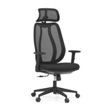 Sedia da ufficio professionale Filaro nera con schienale in rete, poggiatesta e base a cinque ruote di hjh OFFICE – vista a 360° (vista frontale a tre quarti 30°)