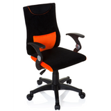Sedia girevole per bambini KIDDY PRO AL nero-arancione con cuscino lombare e base a cinque ruote di hjh OFFICE – vista a 360° (vista frontale a tre quarti 40°)