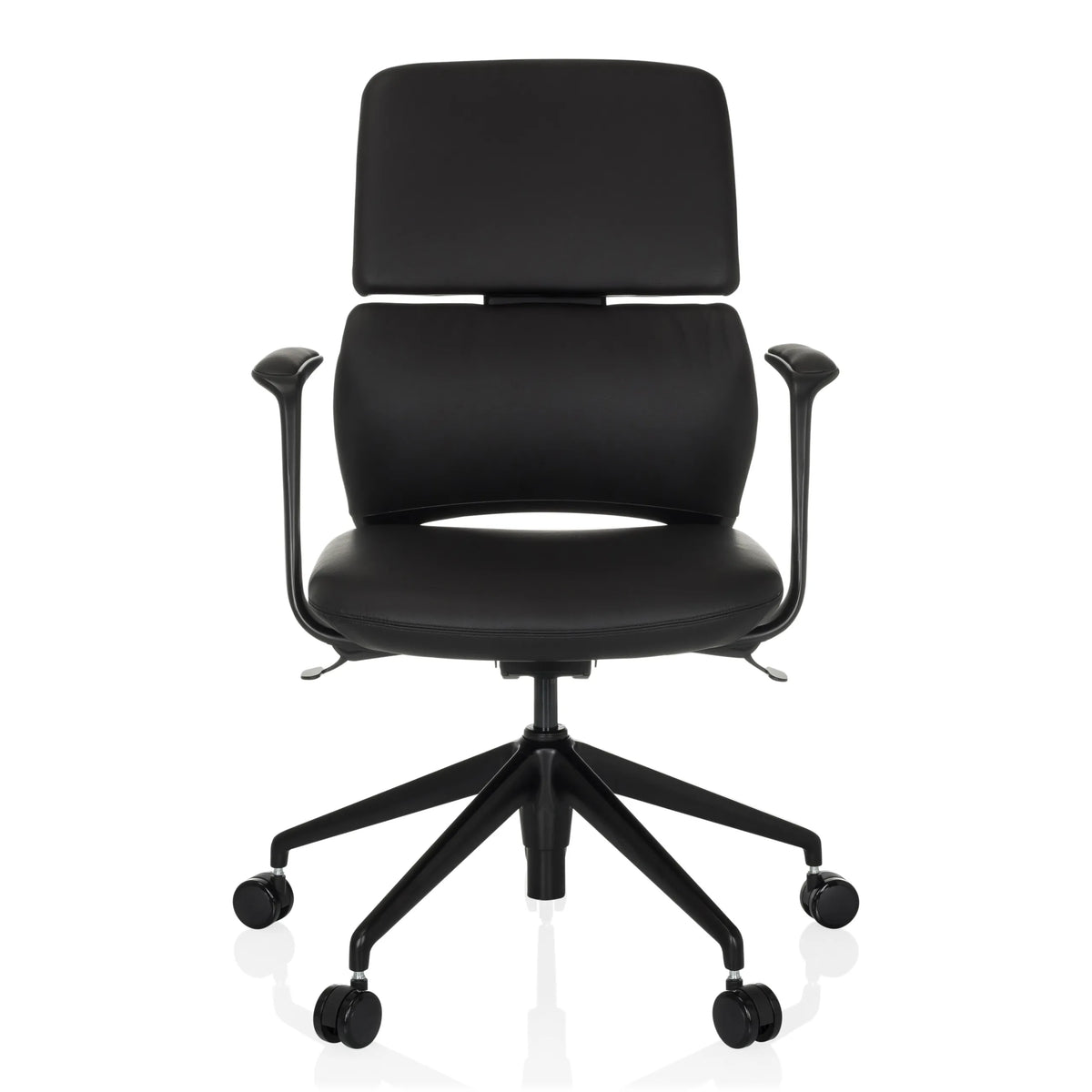 Sedia da ufficio professionale ATMOS DESIGNER nera con braccioli e base a cinque ruote di hjh OFFICE – vista a 360° (vista frontale 0°)