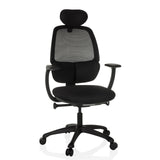 Sedia da ufficio professionale RI-COVER nera con schienale in rete, poggiatesta e base a cinque ruote di hjh OFFICE – vista a 360° (vista frontale 15°)