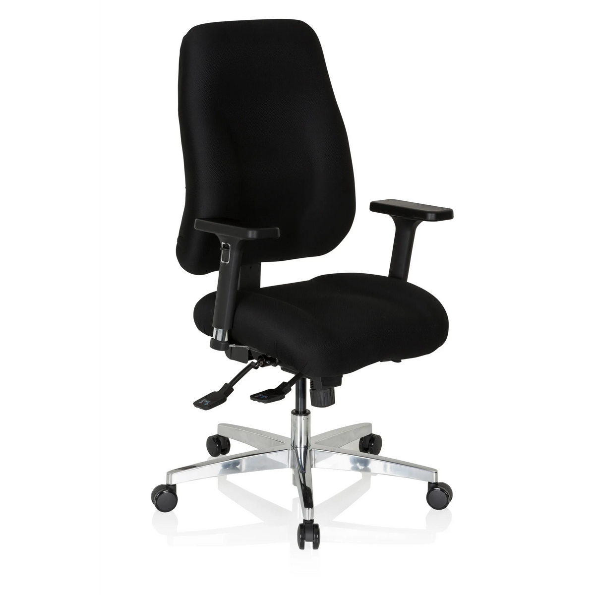 Sedia da ufficio professionale ZENIT COMFORT nera con braccioli e base a cinque ruote di hjh OFFICE – vista a 360° (vista frontale a tre quarti 40°)