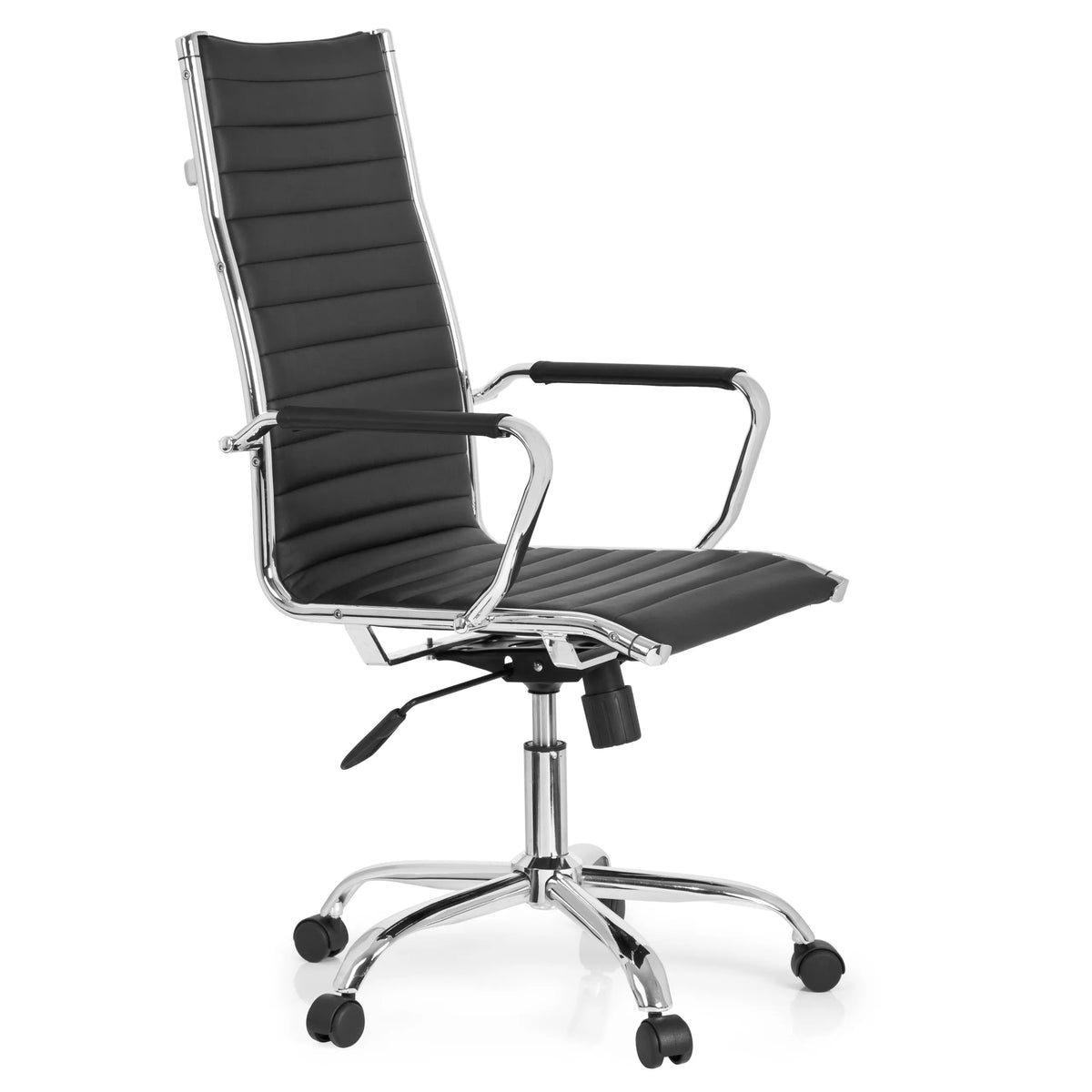 Poltrona professionale VEMONA 20 nera con cuciture trasversali, braccioli e base a cinque ruote di hjh OFFICE – vista a 360° (vista frontale a tre quarti 60°)