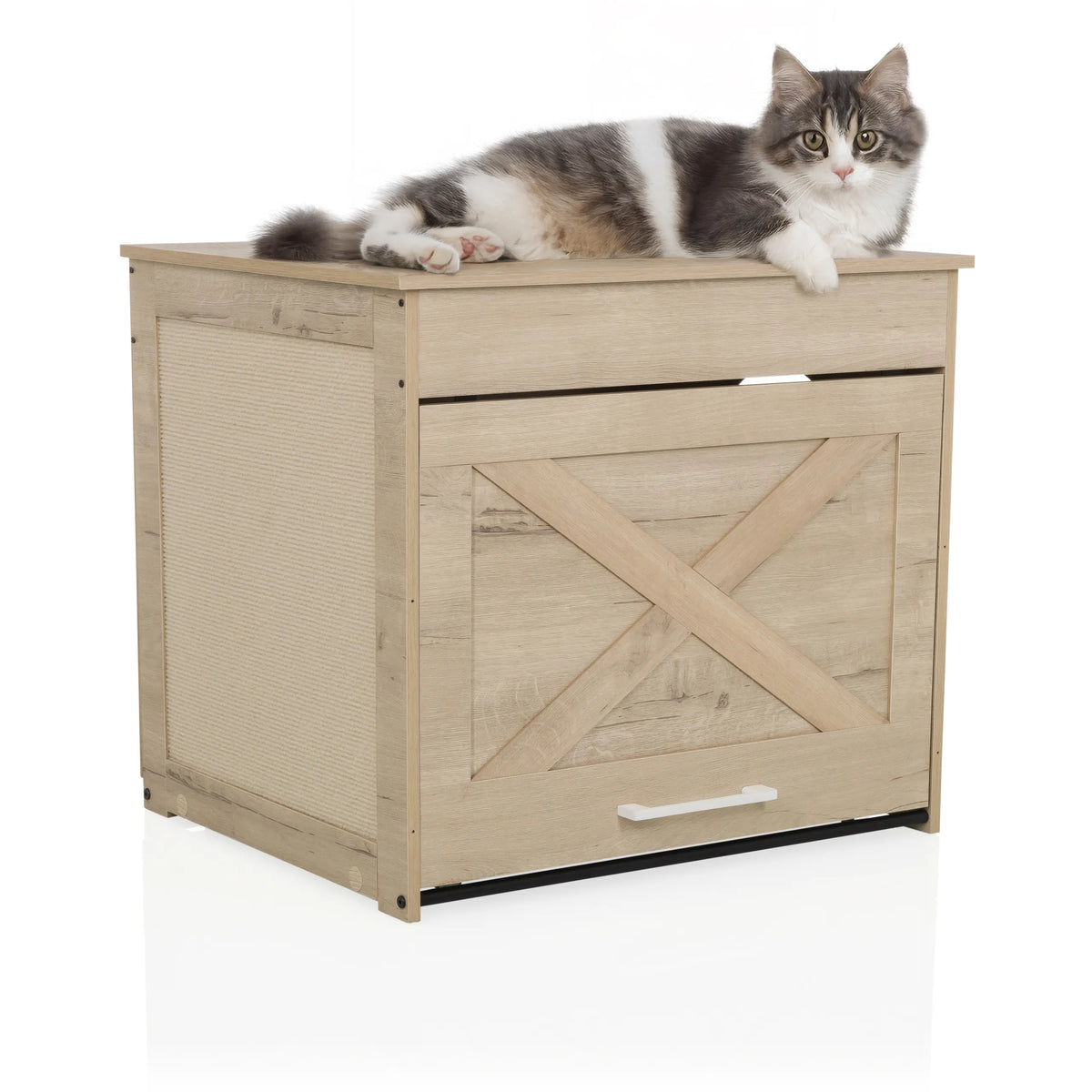 Cuccia per gatto KITTY PAWBOX 1 in aspetto rovere con un gatto sdraiato sulla parte superiore di hjh LIVING