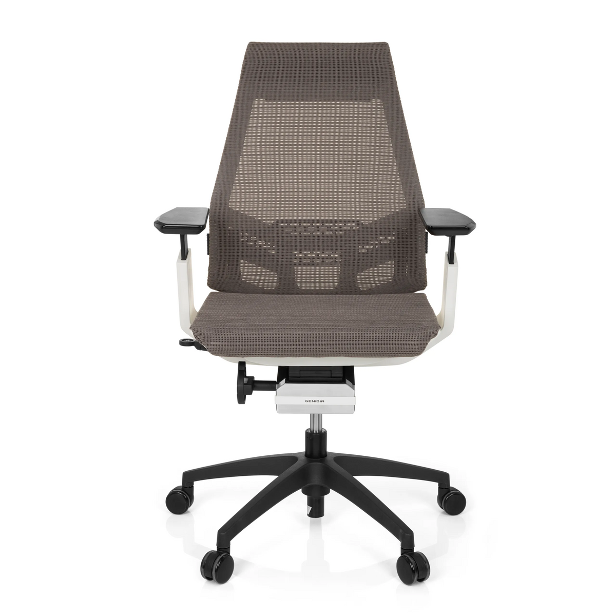 Sedia da ufficio professionale GENIDIA SMART WHITE grigio-bianca con schienale in rete e base a cinque ruote di hjh OFFICE – vista a 360° (vista frontale 0°)