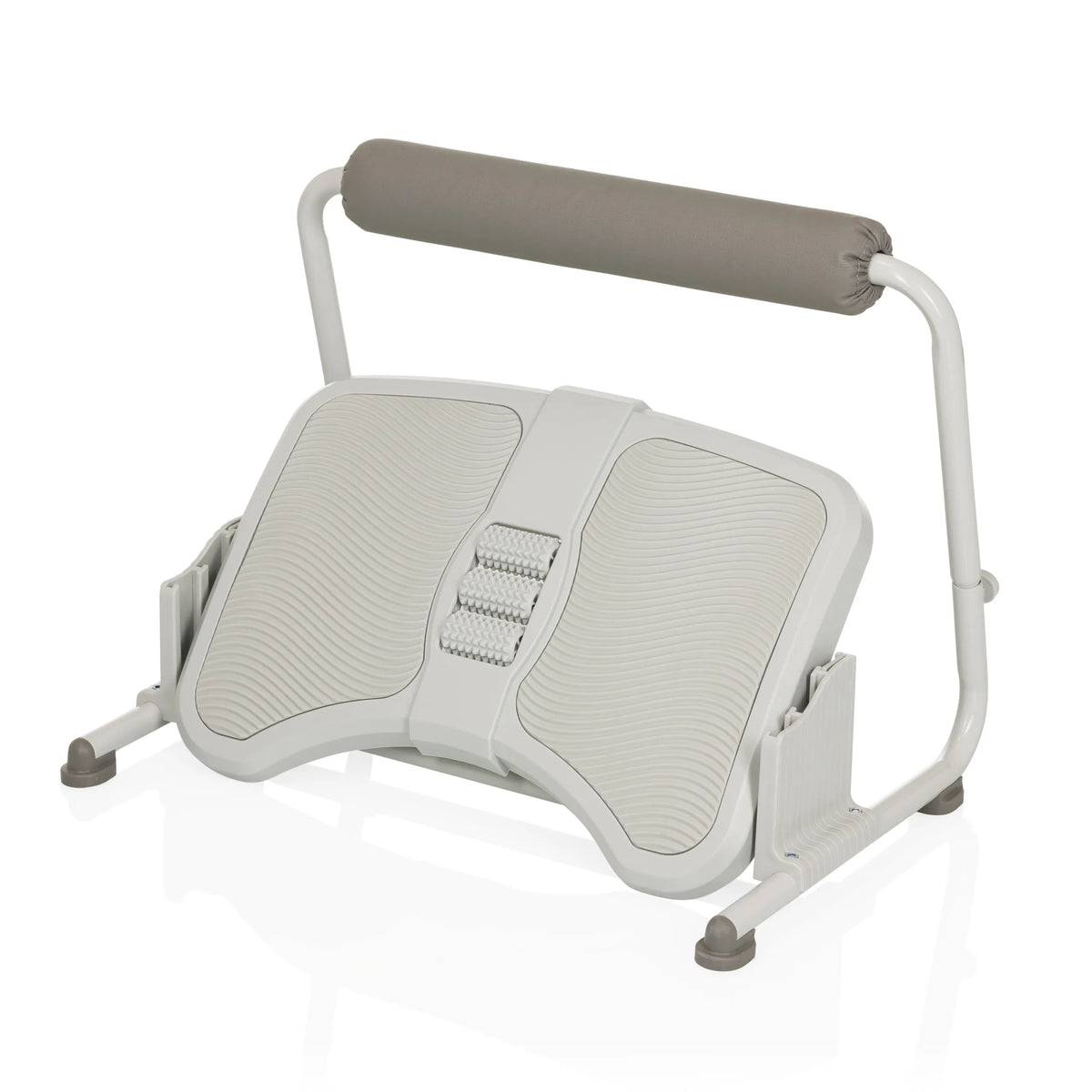 Poggiapiedi PODI FMW grigio chiaro con superficie strutturata e un supporto imbottito di hjh OFFICE – vista a 360° (profilo laterale 90°)