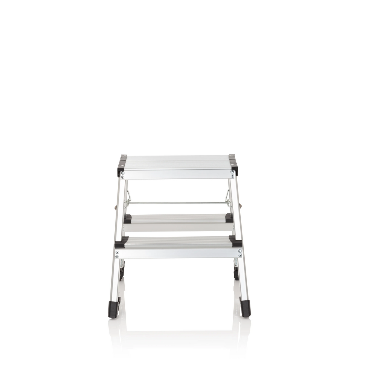 Silberne Klappleiter SOLID VI aus Aluminium mit zwei Stufen von hjh OFFICE – 360-Grad-Ansicht (Frontansicht 0°)