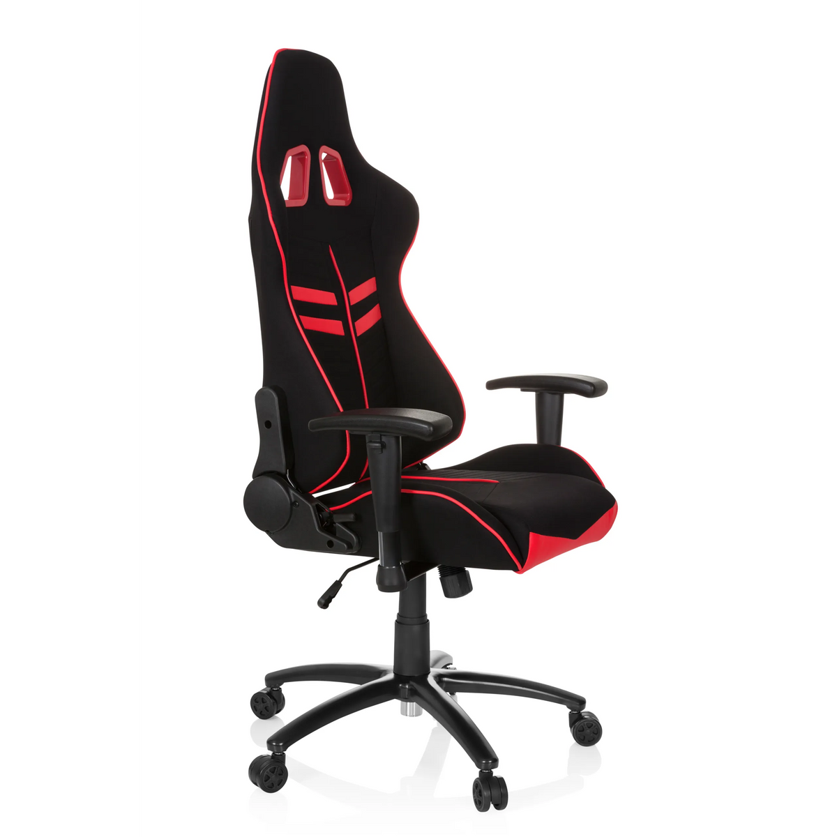 Sedia da gaming LEAGUE PRO I nero-rossa con due aperture per il poggiatesta e base a cinque ruote di hjh OFFICE – vista a 360° (vista frontale a tre quarti 60°)