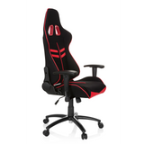 Sedia da gaming LEAGUE PRO I nero-rossa con due aperture per il poggiatesta e base a cinque ruote di hjh OFFICE – vista a 360° (vista frontale a tre quarti 60°)