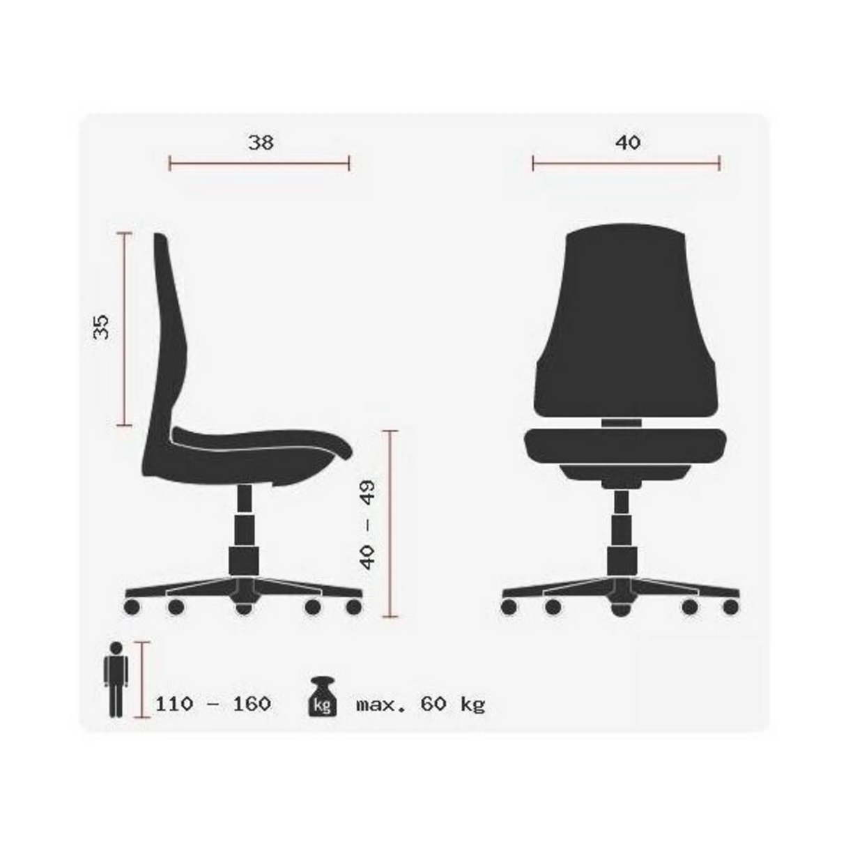 Disegno tecnico della Sedia girevole per bambini MAXX KID con un'altezza del sedile da 40 a 49 cm di Topstar