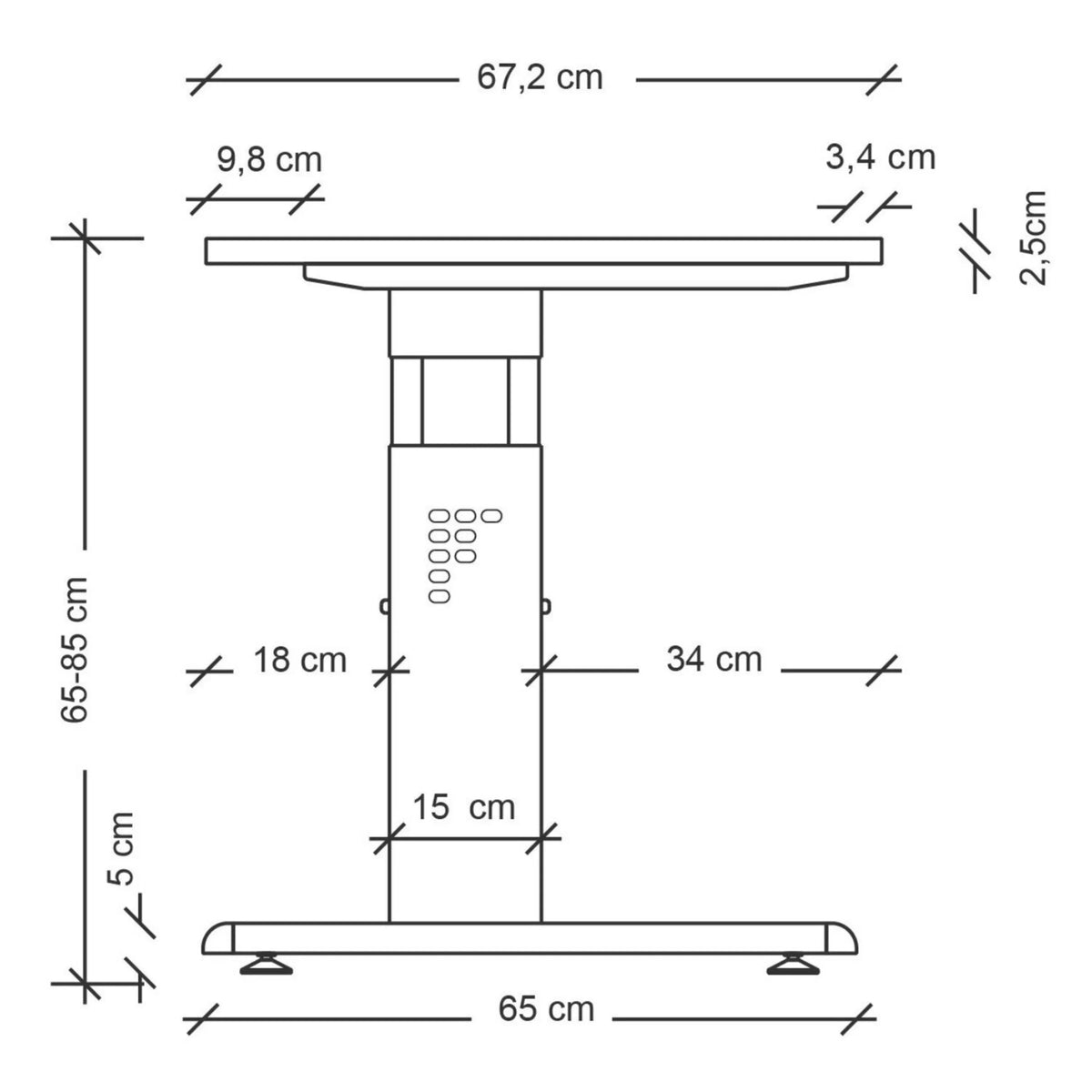 Disegno tecnico della scrivania regolabile in altezza MEGA 614 S con una larghezza di 67,2 cm di hjh OFFICE PRO