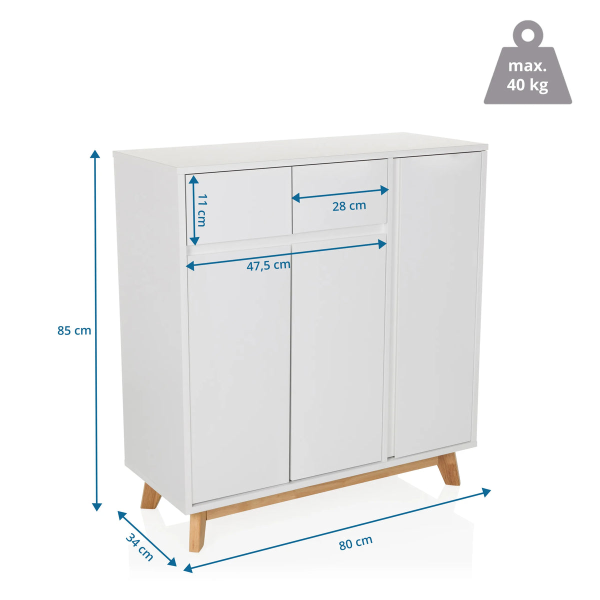 Disegno tecnico della Cassettiera ESTHA con 80 × 85 cm e un carico massimo di 40 kg di hjh LIVING