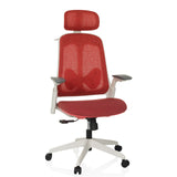Sedia da ufficio professionale ARCEO WF rossa con schienale in rete e base bianca a cinque ruote di hjh OFFICE – vista a 360° (vista frontale 15°)