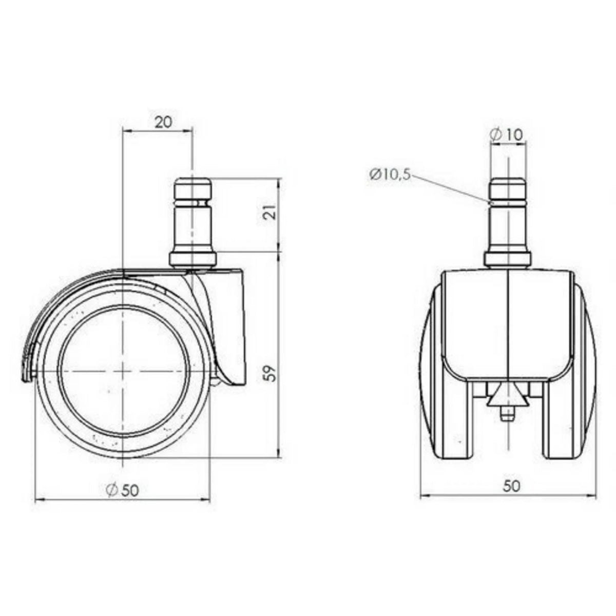 Disegno tecnico delle Rotelle per Sedia 5x ROLO LUX 10mm/50mm con un diametro di 50 mm di hjh OFFICE