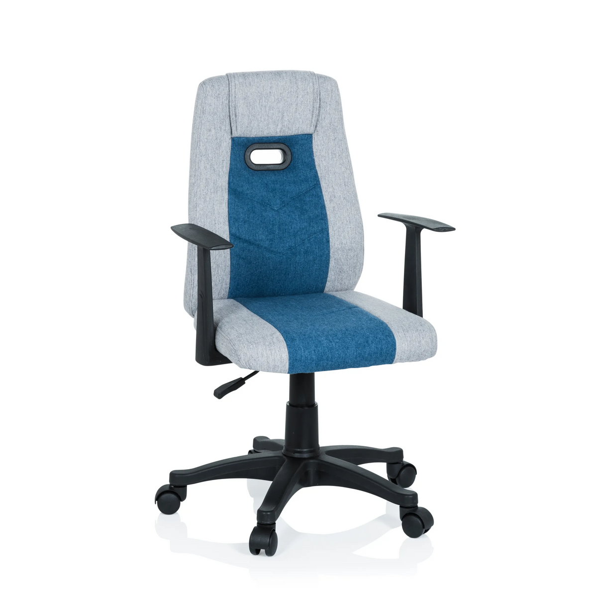 Sedia girevole per bambini KIDDY EXTRA grigio-blu con braccioli e base a cinque ruote di hjh OFFICE – vista a 360° (vista frontale 20°)