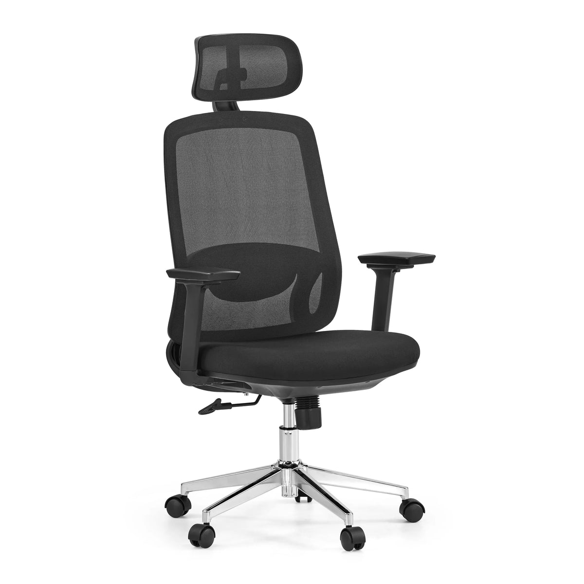 Sedia da ufficio professionale Ergosento nera con schienale in rete, poggiatesta e base a cinque ruote di hjh OFFICE – vista a 360° (vista frontale a tre quarti 30°)