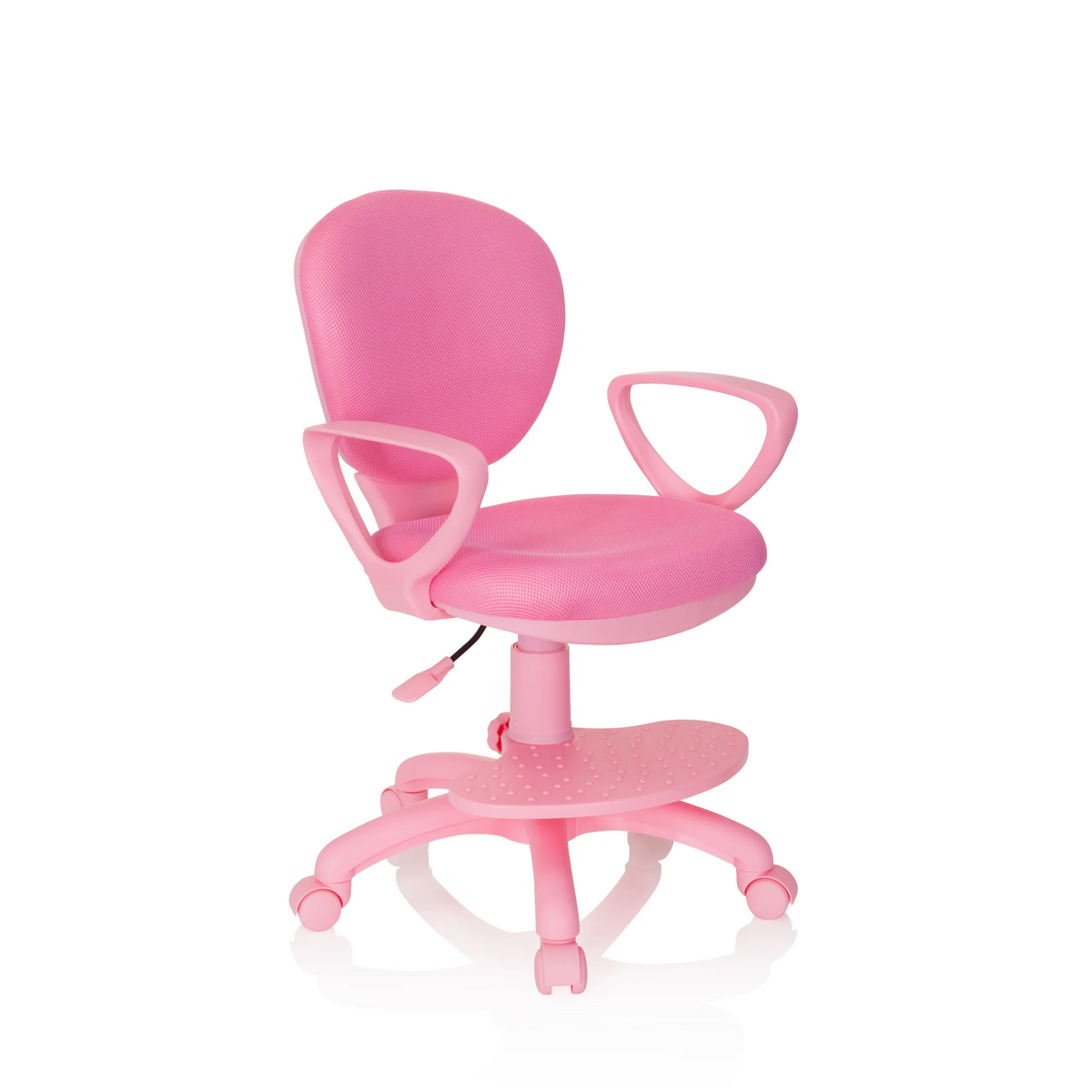 Sedia girevole per bambini KID COLOUR rosa con braccioli e base a cinque ruote di hjh OFFICE – vista a 360° (vista frontale a tre quarti 40°)