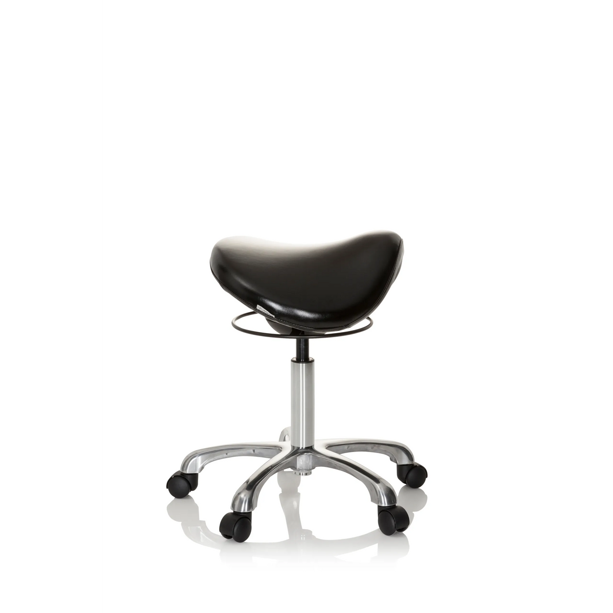 Sgabello a sella ORTHO SIT nero con crociera per i piedi e cinque ruote di hjh OFFICE – vista a 360° (profilo laterale 80°)