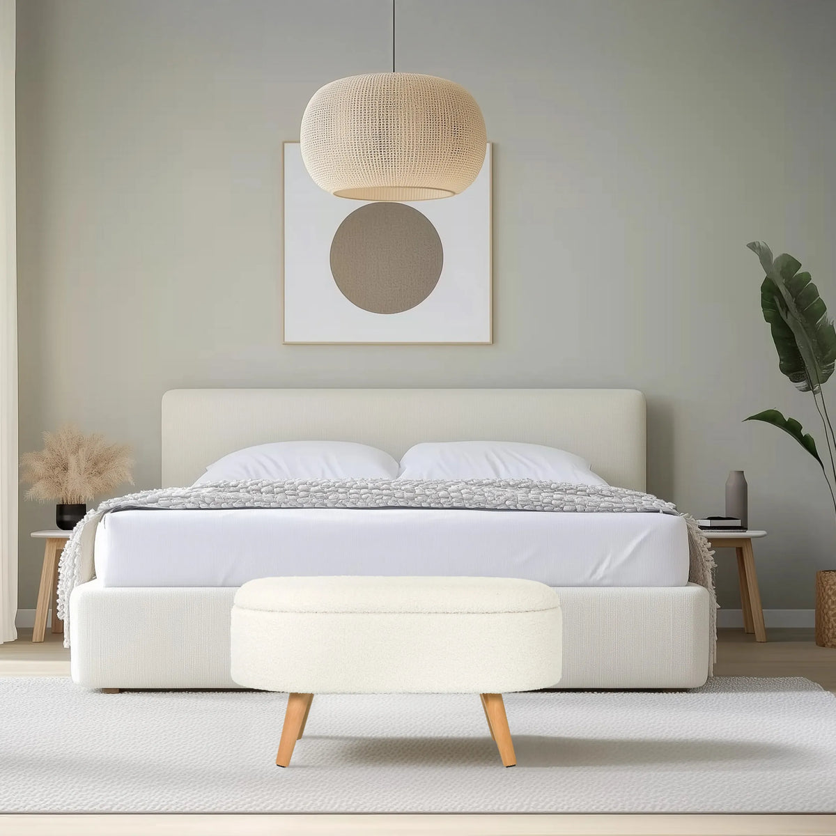 Panca bianca STORIANO con rivestimento in tessuto e quattro gambe in legno chiaro di hjh LIVING
