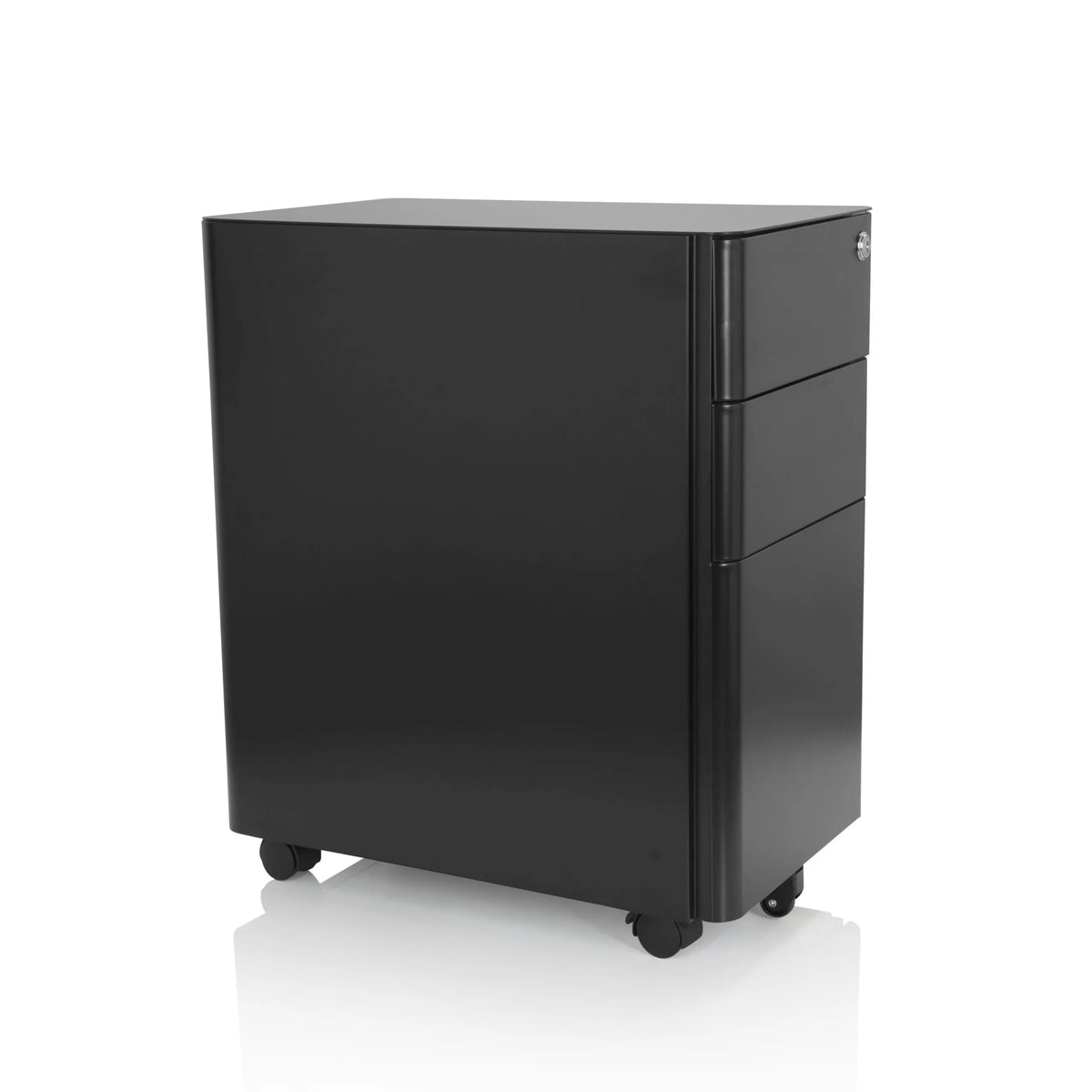 Cassettiera con rotelle COLOR I nera in metallo con tre cassetti e quattro ruote di hjh OFFICE – vista a 360° (vista frontale a tre quarti 60°)