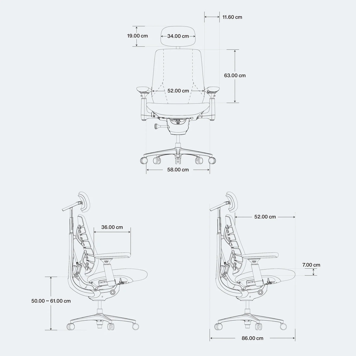 Disegno tecnico della sedia da ufficio LiberNovo Maxis Manual con indicazioni di altezza, larghezza e profondità in centimetri di Libernovo