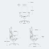 Disegno tecnico della sedia da ufficio LiberNovo Maxis Manual con indicazioni di altezza, larghezza e profondità in centimetri di Libernovo