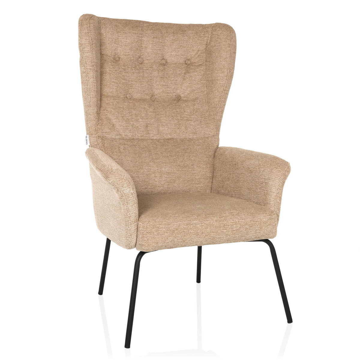 Poltrona imbottita beige HAVENIO con trapuntatura a bottoni, braccioli e gambe in metallo nero di hjh LIVING – vista a 360° (vista frontale 15°)