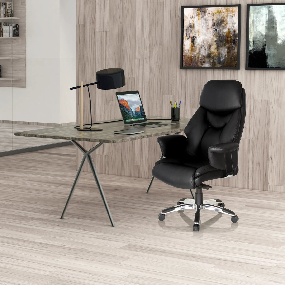 Poltrona di lusso PRADO nera in ecopelle con base a stella e rotelle di hjh OFFICE