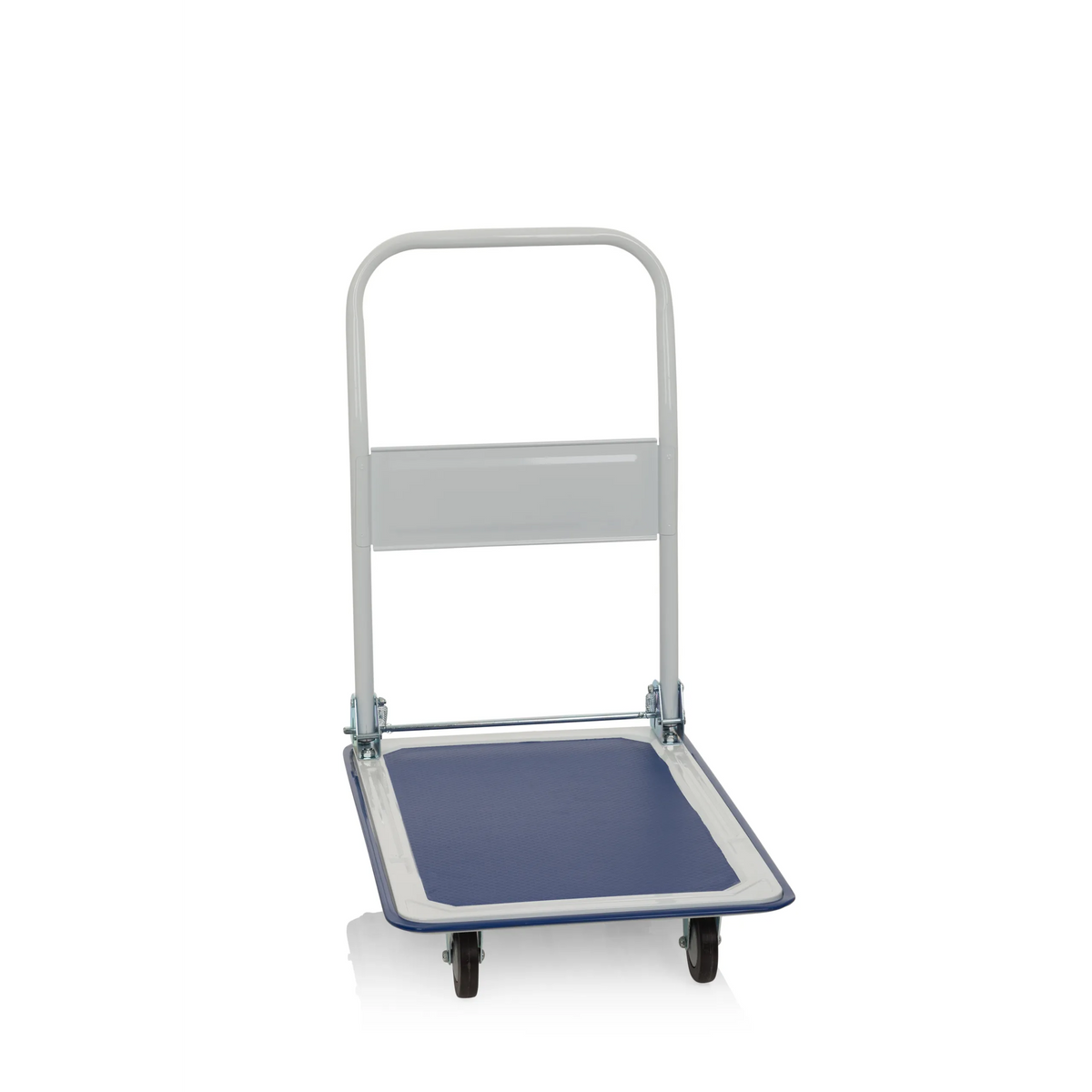 Carrello a piattaforma CARRY blu e bianco con maniglia pieghevole e quattro ruote di hjh OFFICE – vista a 360° (vista frontale a tre quarti 60°)