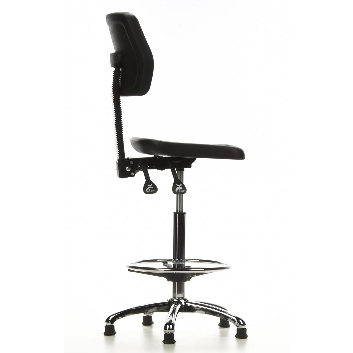 Sedia da banco TOP WORK 11 nera con poggiapiedi e base a cinque razze di hjh OFFICE – vista a 360° (profilo laterale 100°)