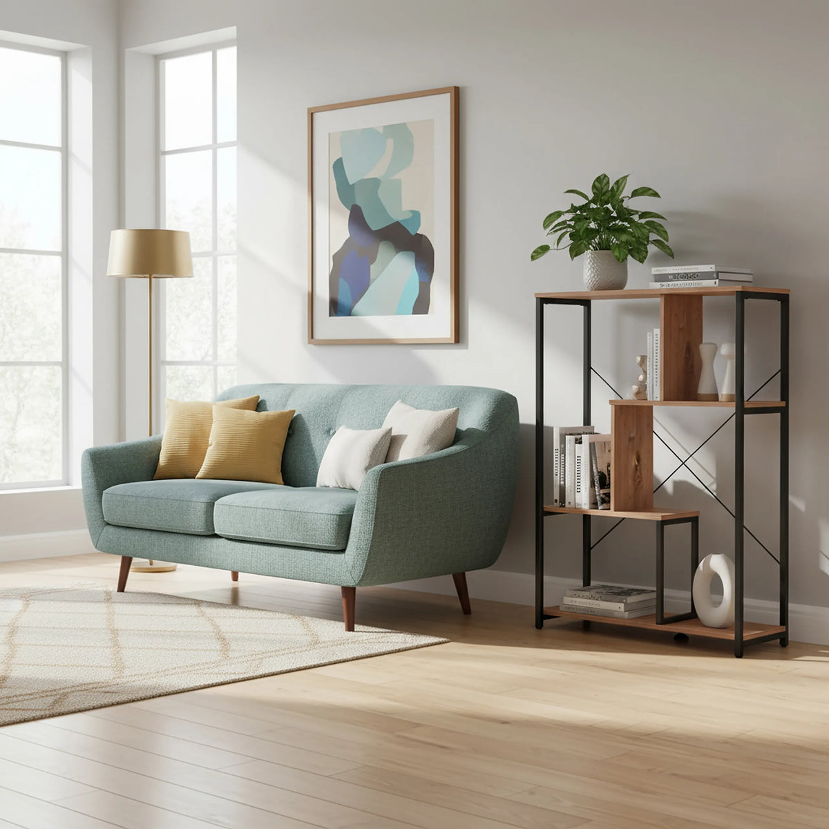 Scaffale Kalag Eco in nero e rovere con struttura metallica aperta e ripiani in legno in un soggiorno di hjh LIVING