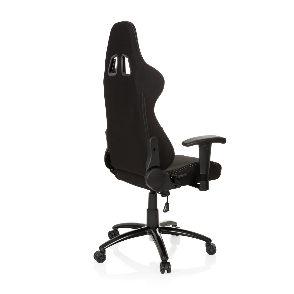 Sedia da gaming nera GAME FORCE con poggiatesta, braccioli e base a cinque ruote di hjh OFFICE – vista a 360° (vista posteriore a tre quarti 120°)