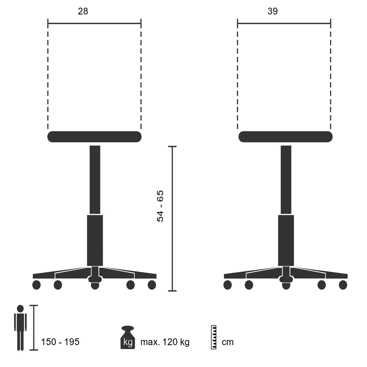 Disegno tecnico dello sgabello per ginocchia ORTHONI con un'altezza della seduta di 54–65 cm di hjh OFFICE