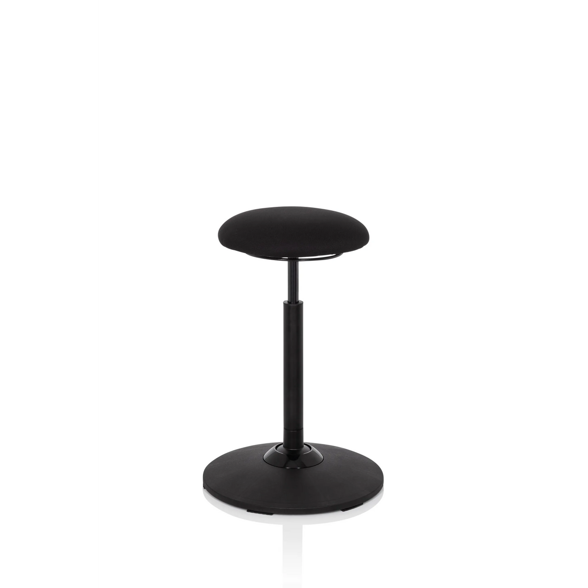 Ausilio per la posizione eretta BALANCE SIT nero con cuscino per seduta rotondo e base circolare di hjh OFFICE – vista a 360° (vista frontale a tre quarti 40°)