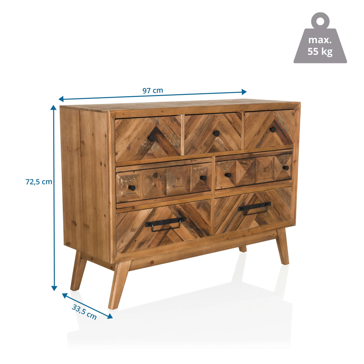 Vista dimensionale della Madia SANTJAGO WOOD XL con 97 × 72,5 cm e un carico massimo di 55 kg di hjh LIVING