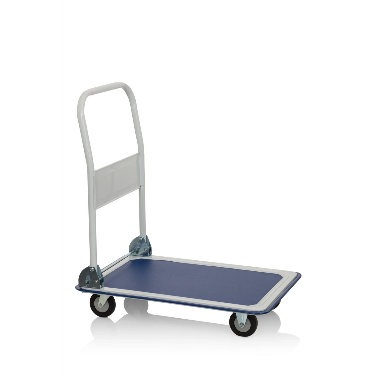 Carrello a piattaforma CARRY blu e bianco con maniglia pieghevole e quattro ruote di hjh OFFICE – vista a 360° (vista frontale 0°)