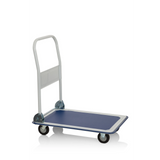 Carrello a piattaforma CARRY blu e bianco con maniglia pieghevole e quattro ruote di hjh OFFICE – vista a 360° (vista frontale 0°)