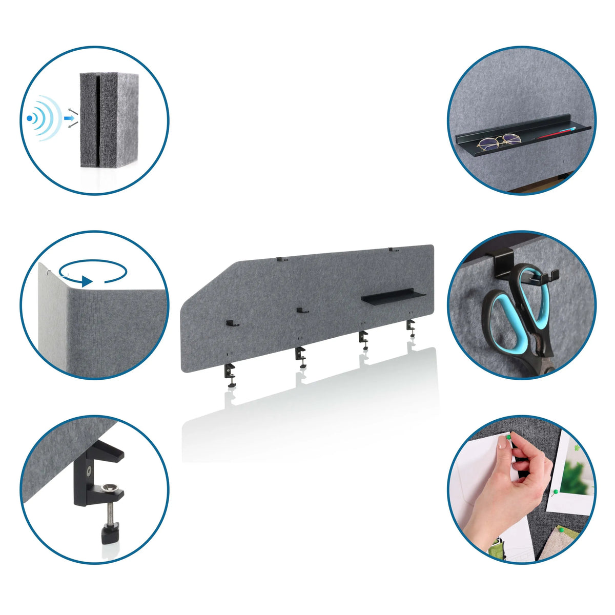 Divisori per scrivania grigi FLEXMIUT T TOP con accessori come ripiano, supporto e funzione di bacheca di hjh OFFICE