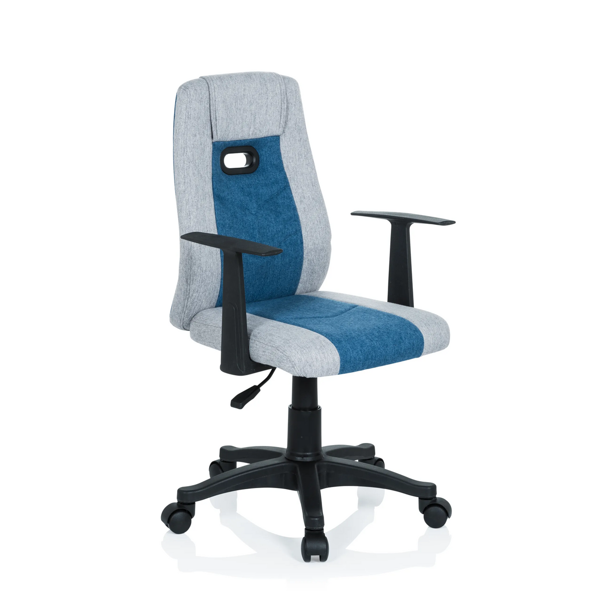 Sedia girevole per bambini KIDDY EXTRA grigio-blu con braccioli e base a cinque ruote di hjh OFFICE – vista a 360° (vista frontale a tre quarti 40°)