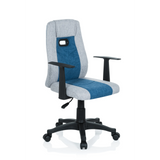 Sedia girevole per bambini KIDDY EXTRA grigio-blu con braccioli e base a cinque ruote di hjh OFFICE – vista a 360° (vista frontale a tre quarti 40°)