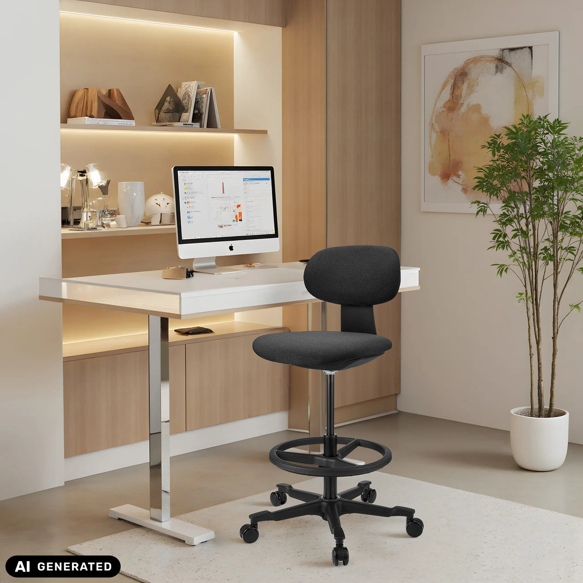 Sedia da lavoro WORK MF2 nera con poggiapiedi e rotelle davanti a una scrivania bianca di hjh OFFICE (immagine generata dall’IA)